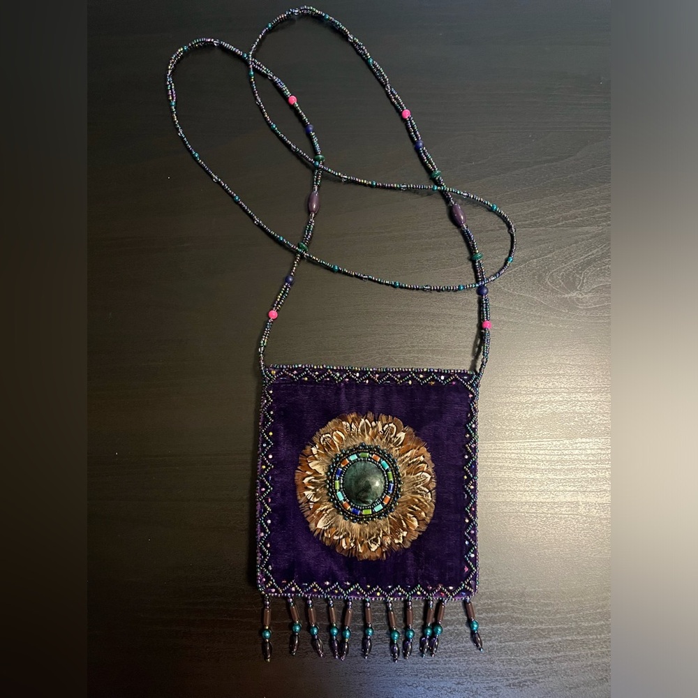 Boho velvet purple feather beaded purse